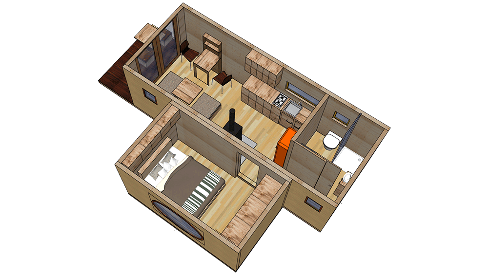 eco-ModulHaus Loft kombiniert mit Lodge - 3D-Aufsicht